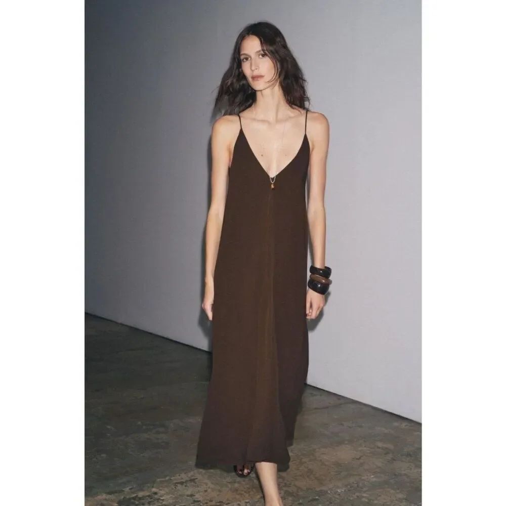 Zara ZW Collection Womens Long Dress Medium Dark Brown Vneck 8659/504 NWT